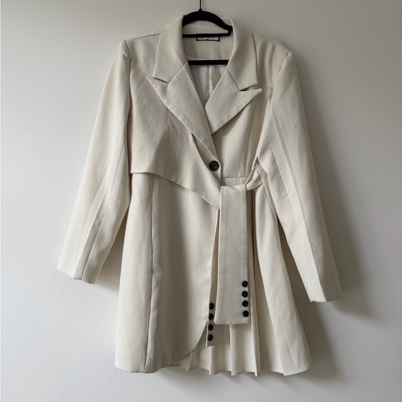 Chic Ivory Belted Blazer Dress Pleated Business Casual Office Professional - Picture 2 of 6
